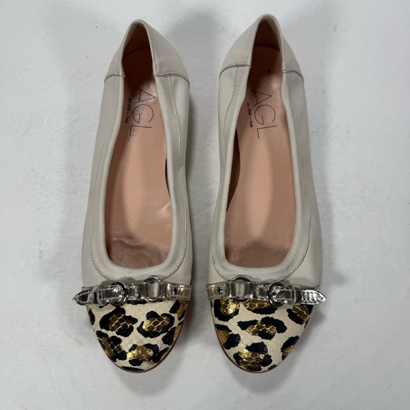 AGL Attilio Giusti Leombruni Cream Metallic Leopard Print Captoe Flats Size 9 - Picture 2 of 12